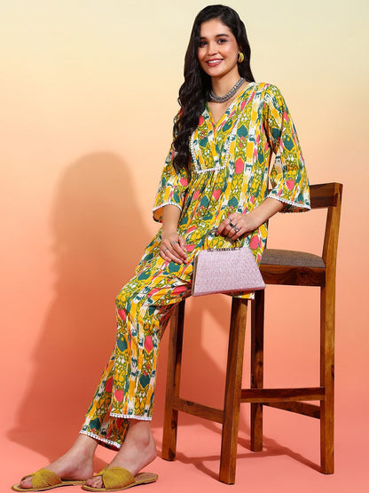Multicolour Ikat Printed Peplum Kurta With Trousers
