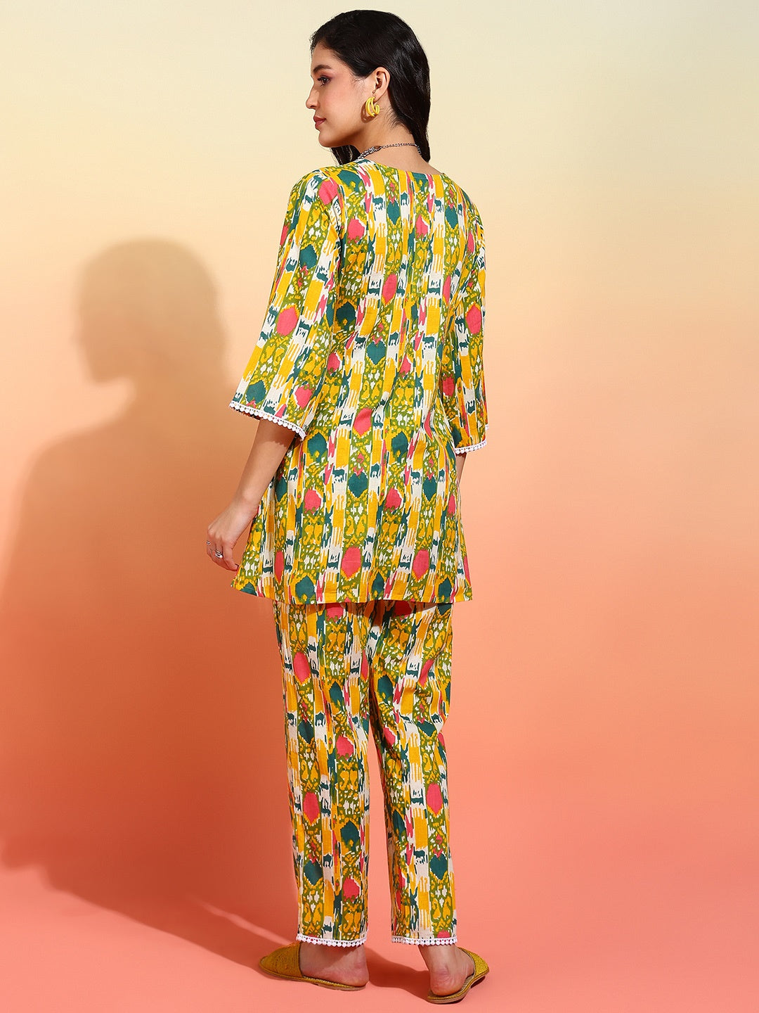 Multicolour Ikat Printed Peplum Kurta With Trousers