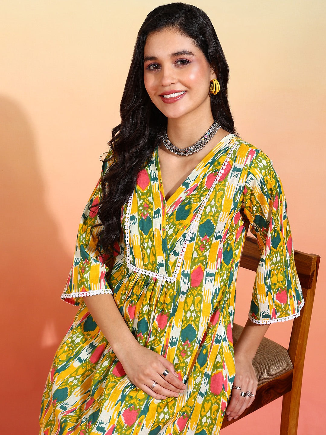 Multicolour Ikat Printed Peplum Kurta With Trousers