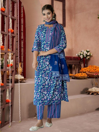 Navy Blue Floral Cotton Kurta Set With Printed Dupatta.