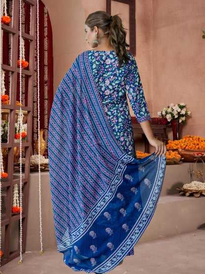Navy Blue Floral Cotton Kurta Set With Printed Dupatta.