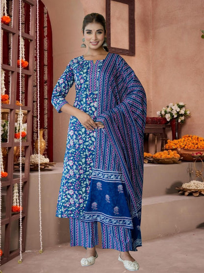 Navy Blue Floral Cotton Kurta Set With Printed Dupatta.