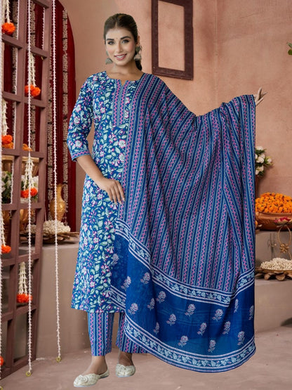 Navy Blue Floral Cotton Kurta Set With Printed Dupatta.