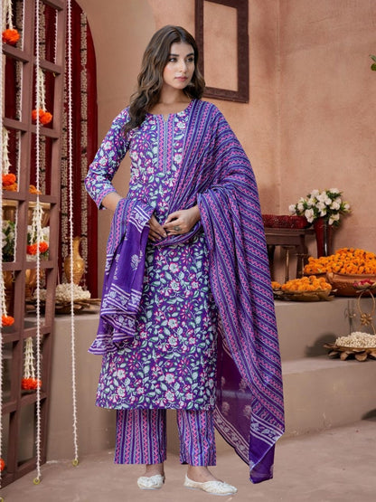 Purple Floral Cotton Kurta Set With Printed Dupatta.