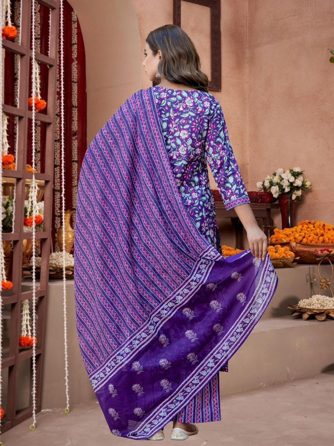 Purple Floral Cotton Kurta Set With Printed Dupatta.