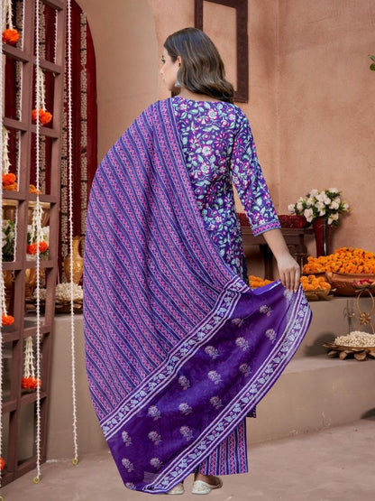 Purple Floral Cotton Kurta Set With Printed Dupatta.