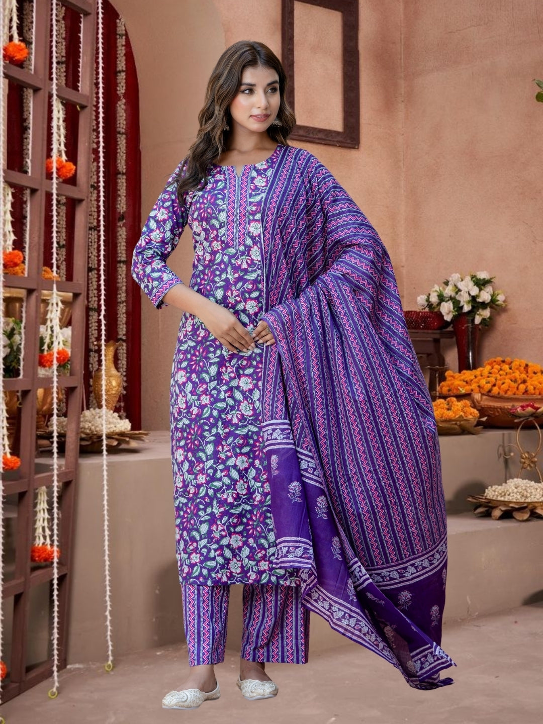 Purple Floral Cotton Kurta Set With Printed Dupatta.