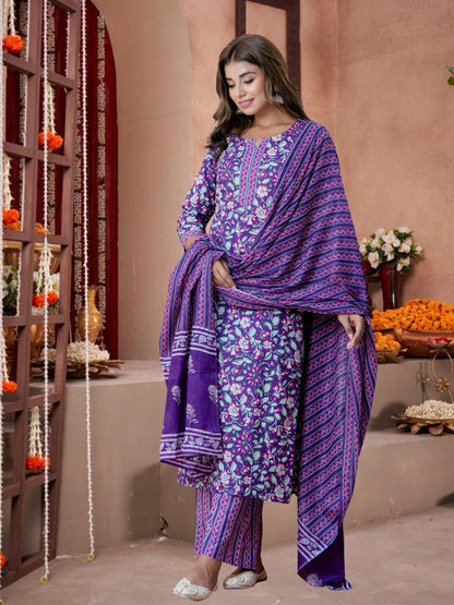 Purple Floral Cotton Kurta Set With Printed Dupatta.