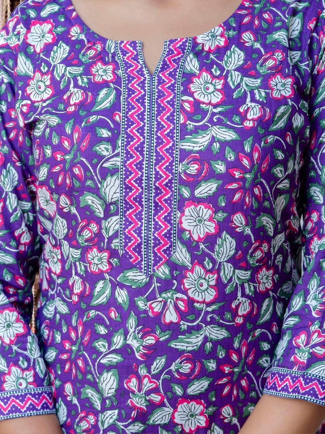 Purple Floral Cotton Kurta Set With Printed Dupatta.