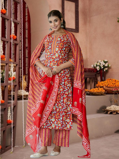 Red Floral Cotton Kurta Set With Printed Dupatta.