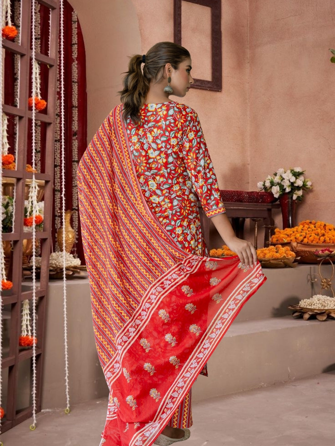 Red Floral Cotton Kurta Set With Printed Dupatta.