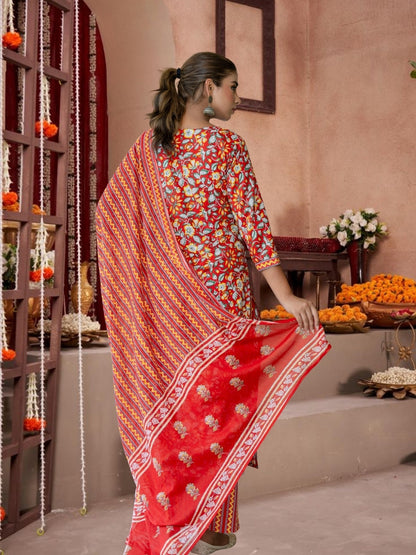 Red Floral Cotton Kurta Set With Printed Dupatta.