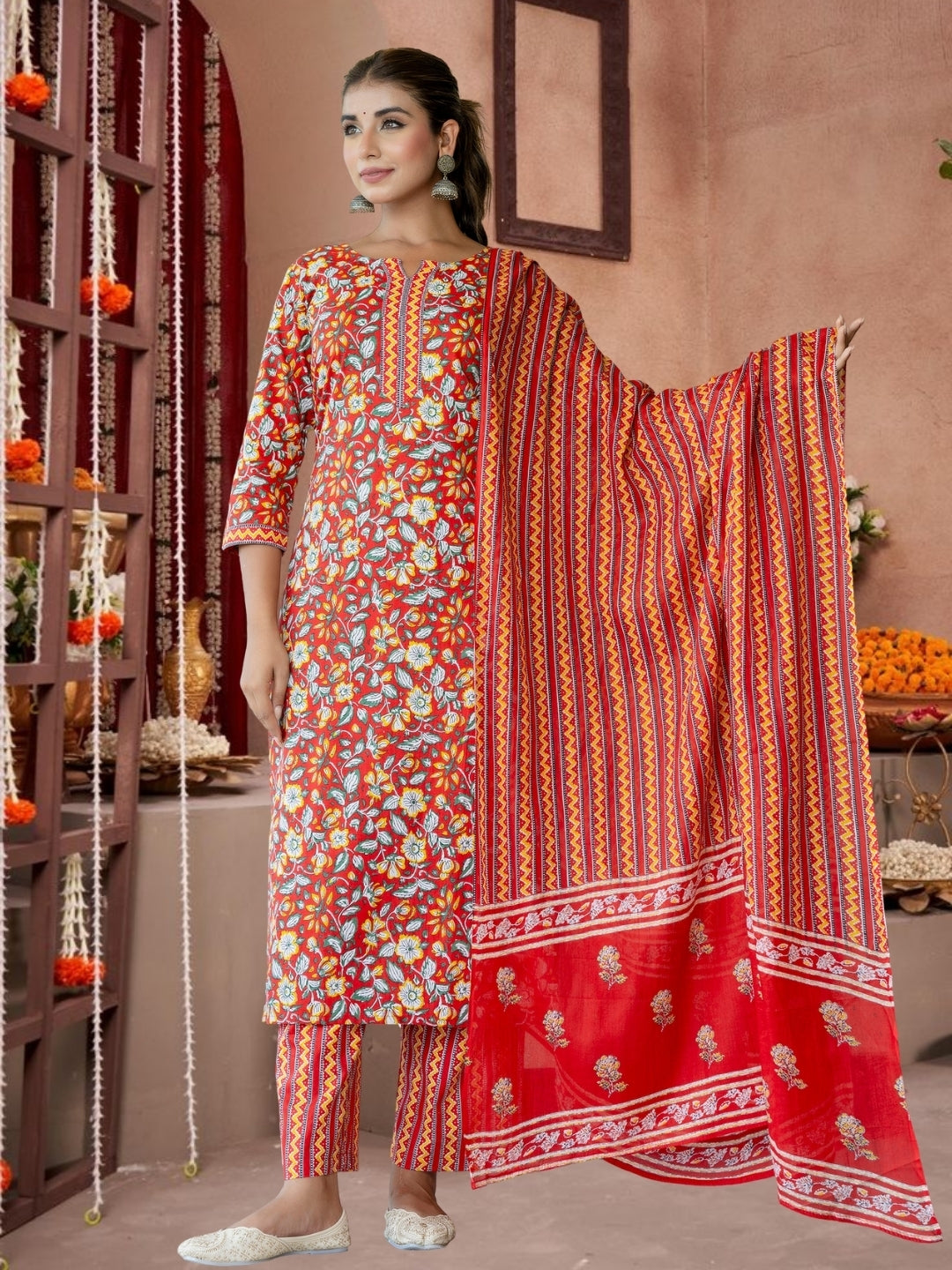 Red Floral Cotton Kurta Set With Printed Dupatta.