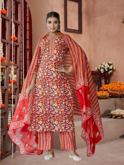 Red Floral Cotton Kurta Set With Printed Dupatta.