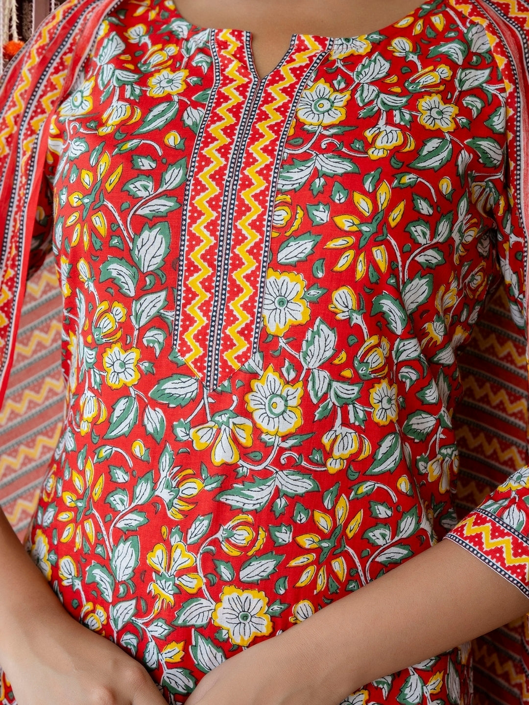 Red Floral Cotton Kurta Set With Printed Dupatta.