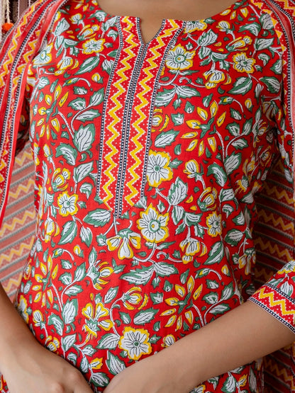 Red Floral Cotton Kurta Set With Printed Dupatta.