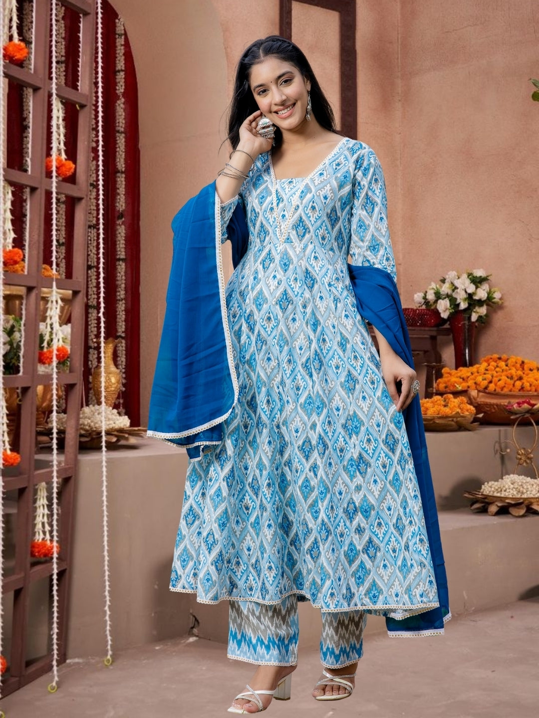 Blue Ikat Print Flared Anarkali Kurta Set With Dupatta.