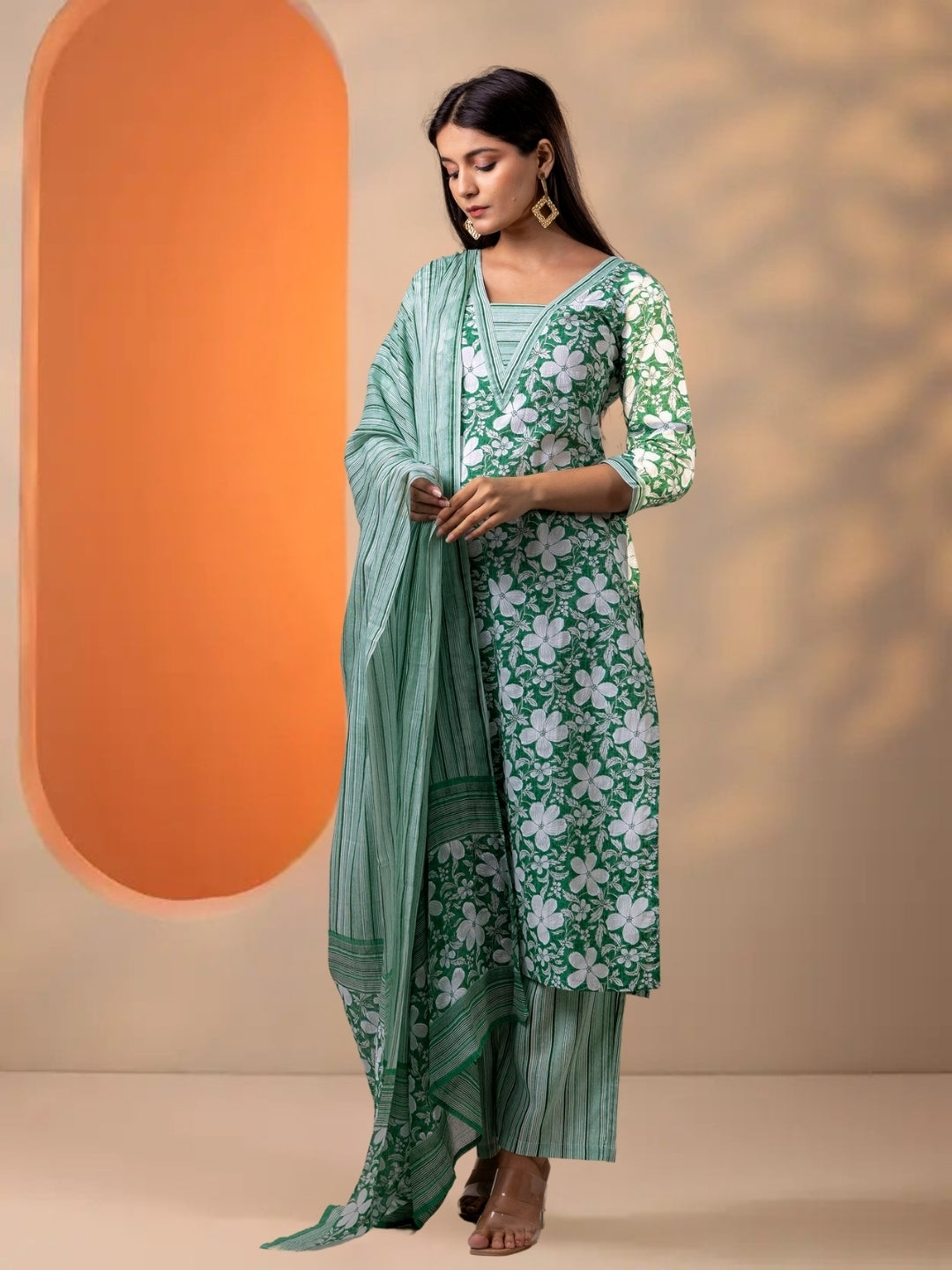 Green Floral Printed Cotton Straight Kurta Set With Striped Dupatta