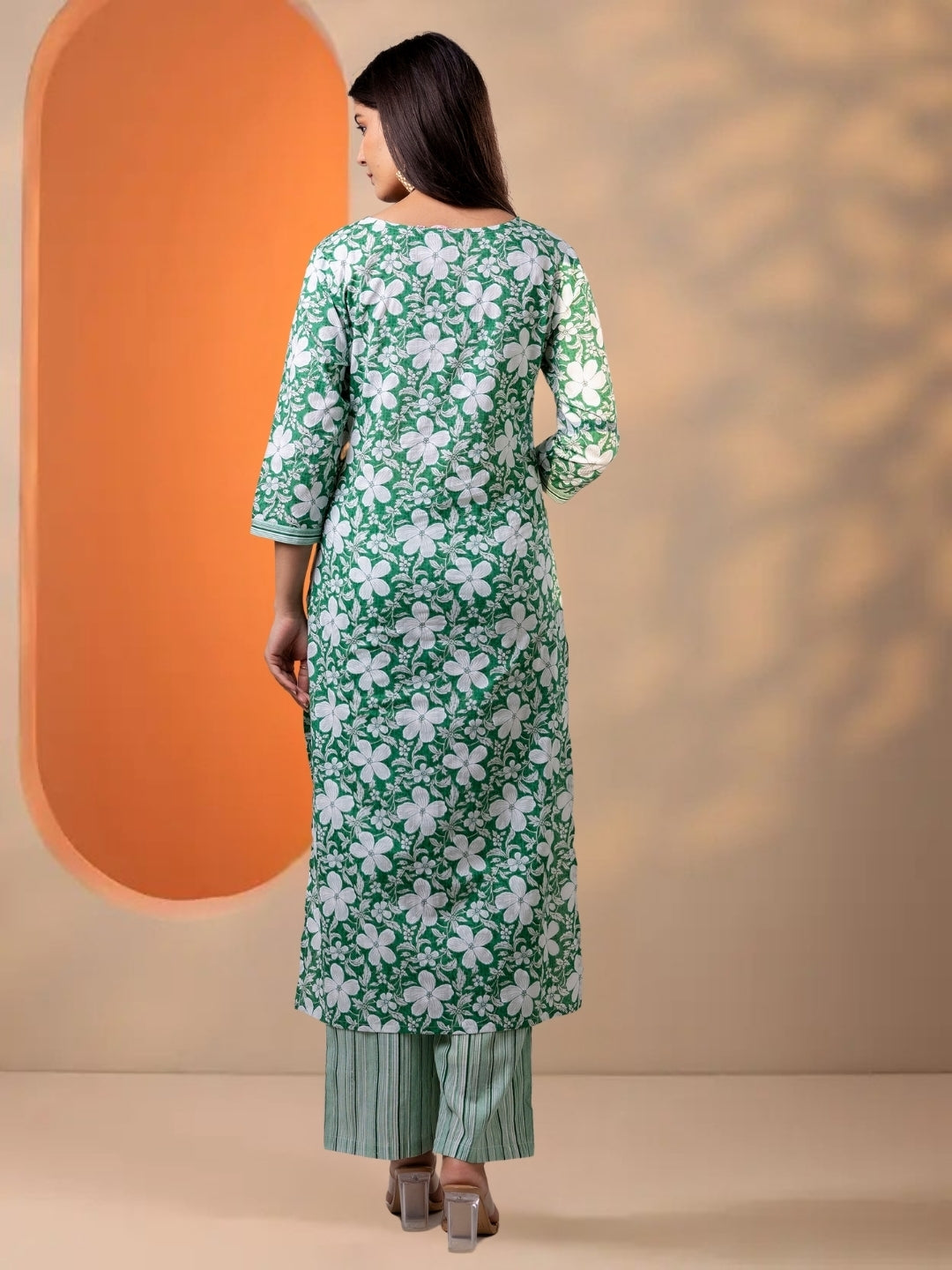 Green Floral Printed Cotton Straight Kurta Set With Striped Dupatta