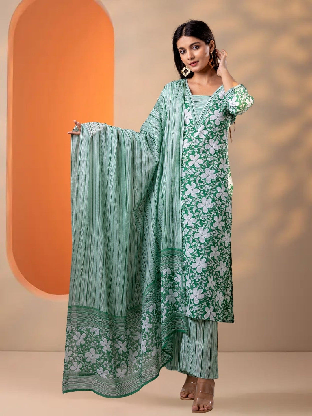 Green Floral Printed Cotton Straight Kurta Set With Striped Dupatta