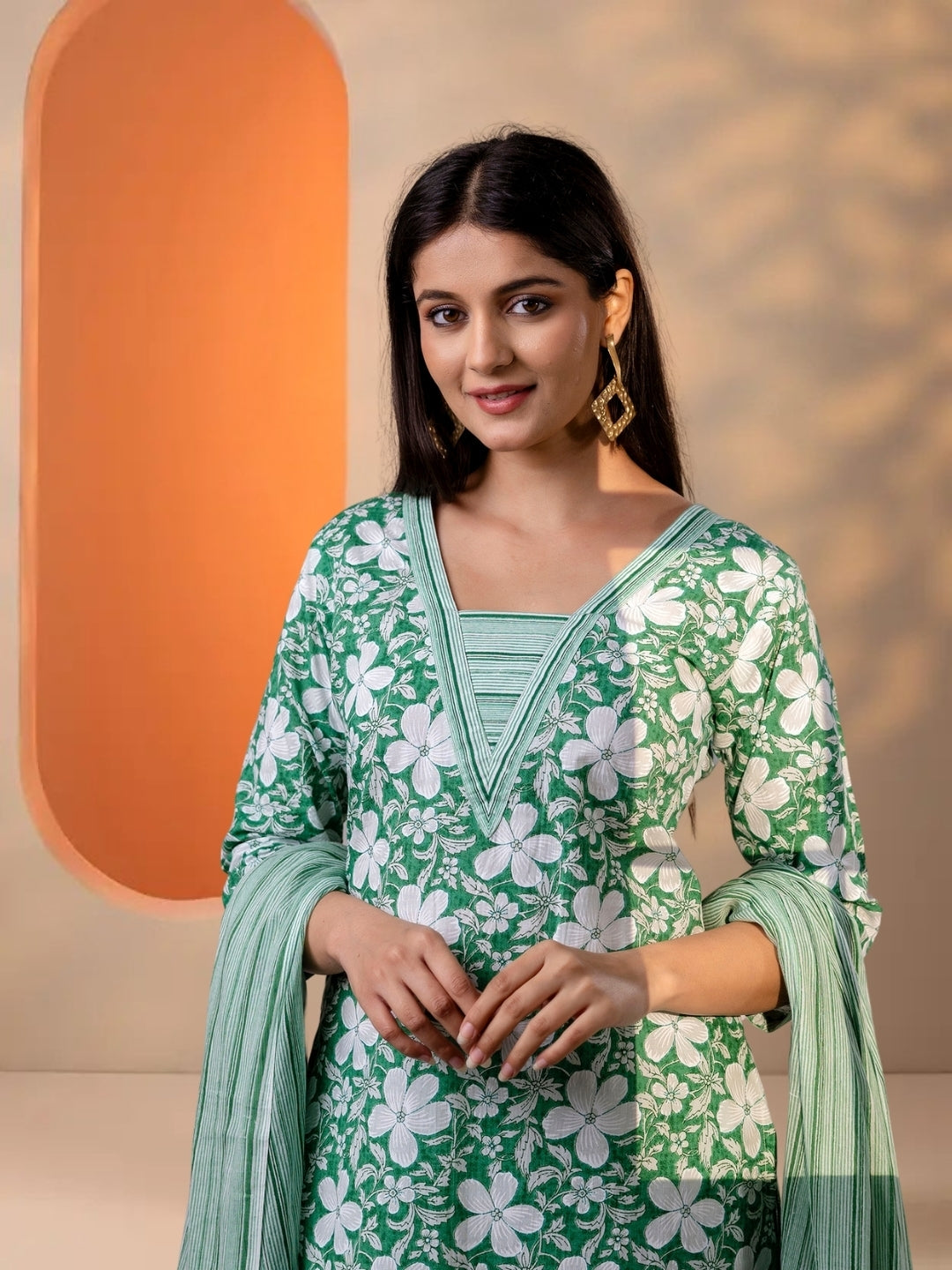 Green Floral Printed Cotton Straight Kurta Set With Striped Dupatta