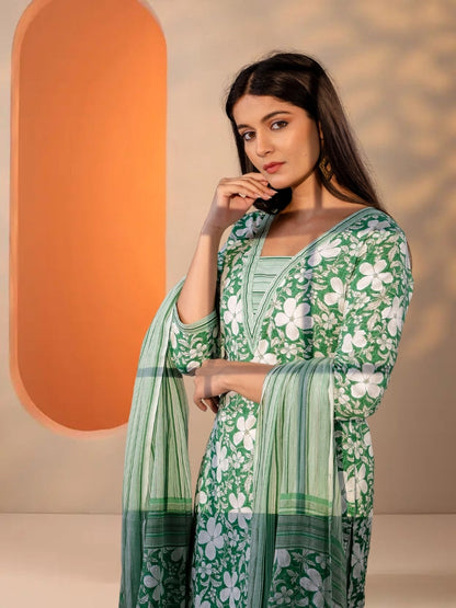 Green Floral Printed Cotton Straight Kurta Set With Striped Dupatta