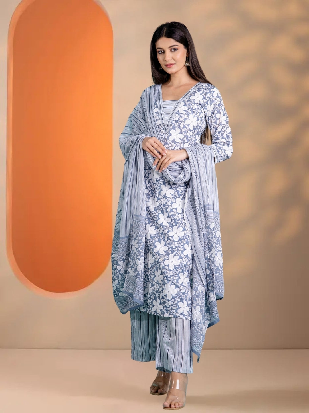 Grey Floral Printed Cotton Straight Kurta Set With Striped Dupatta