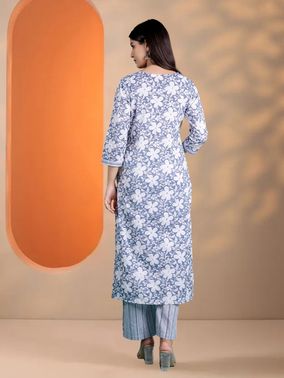 Grey Floral Printed Cotton Straight Kurta Set With Striped Dupatta