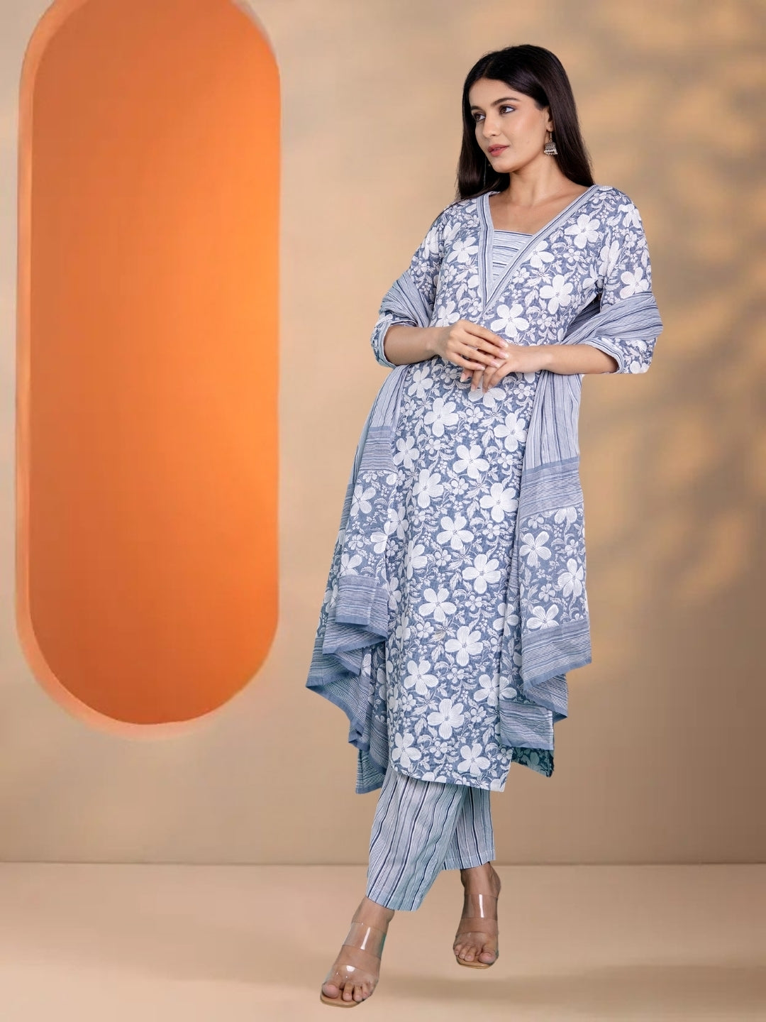 Grey Floral Printed Cotton Straight Kurta Set With Striped Dupatta