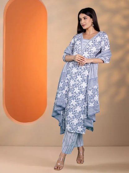 Grey Floral Printed Cotton Straight Kurta Set With Striped Dupatta