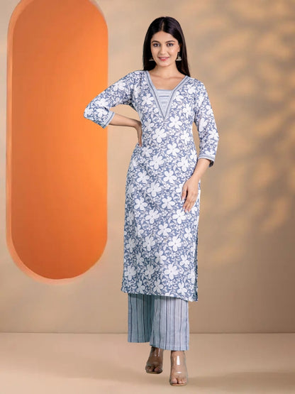 Grey Floral Printed Cotton Straight Kurta Set With Striped Dupatta