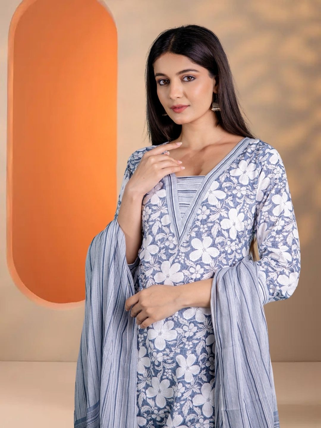 Grey Floral Printed Cotton Straight Kurta Set With Striped Dupatta