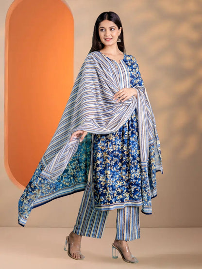 Blue Floral Printed Kurta Set With Striped Dupatta & Palazzos