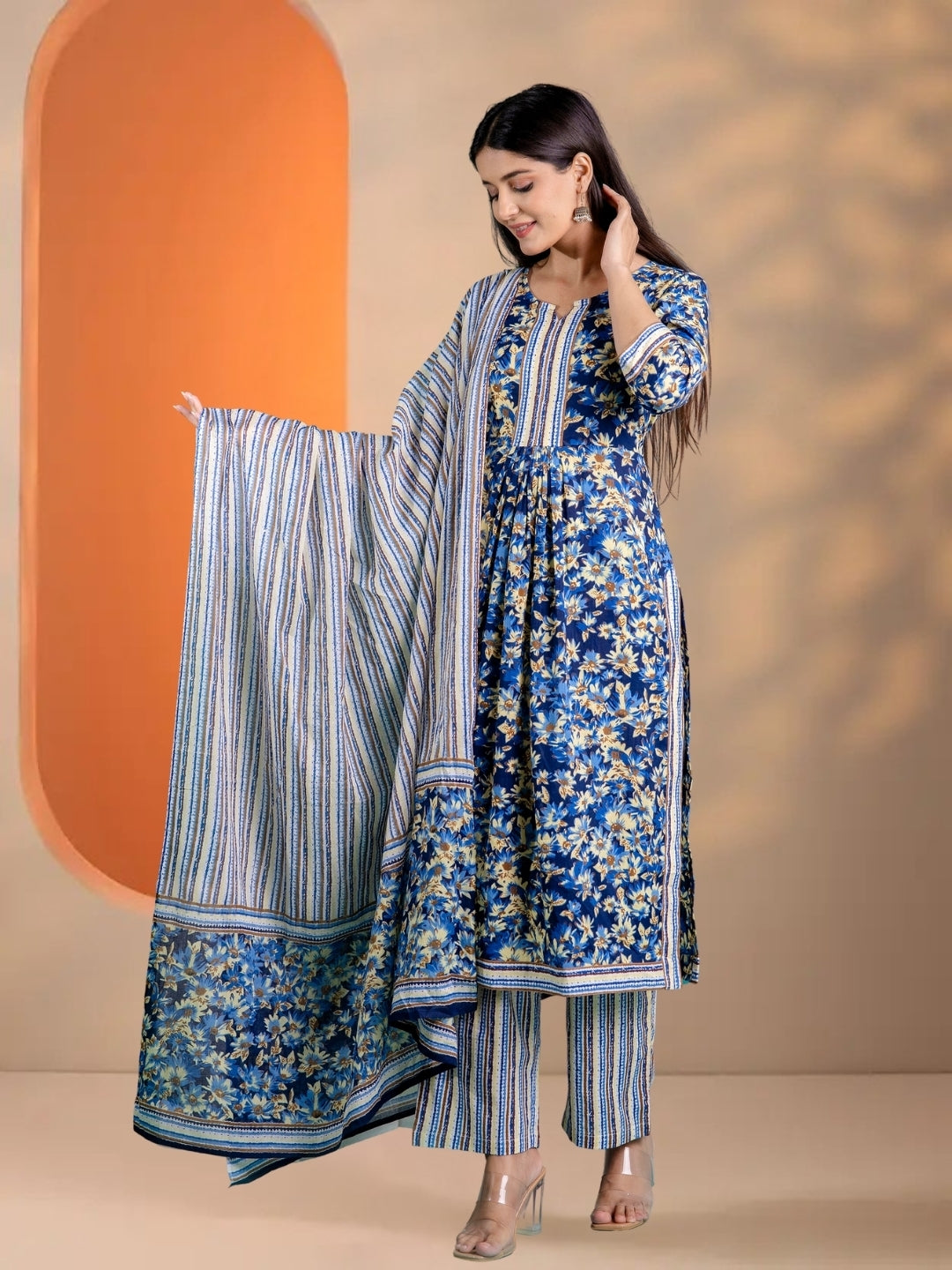 Blue Floral Printed Kurta Set With Striped Dupatta & Palazzos