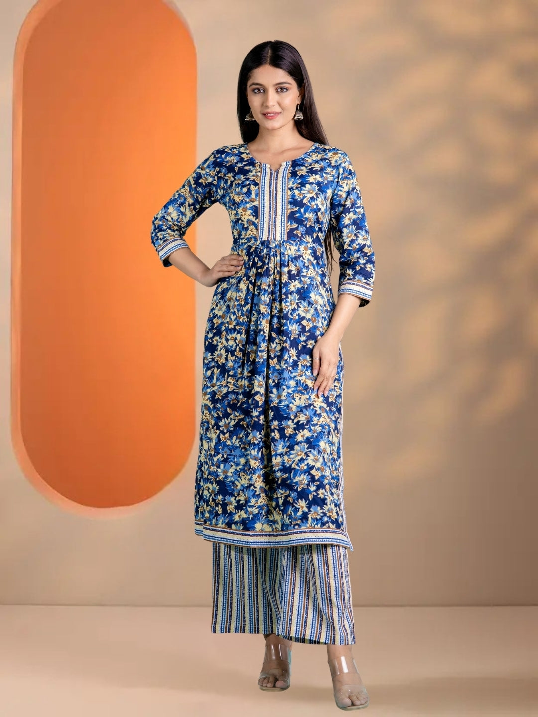 Blue Floral Printed Kurta Set With Striped Dupatta & Palazzos