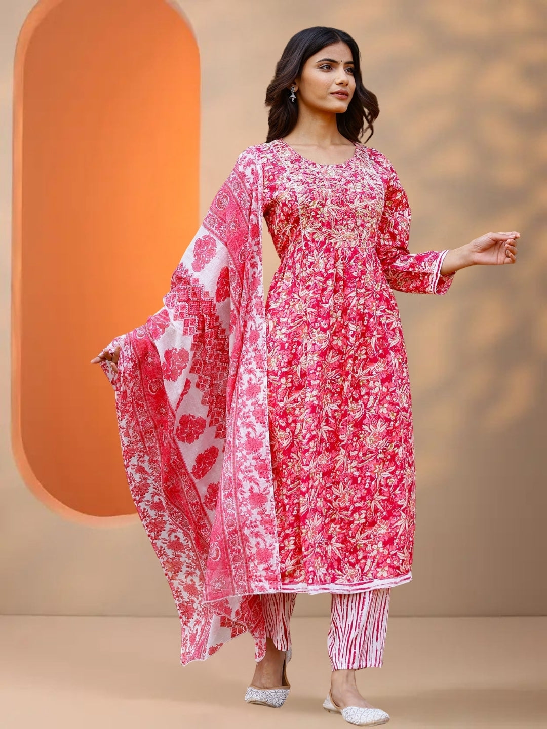 Pink Floral Printed Straight Kurta Set With Dupatta.