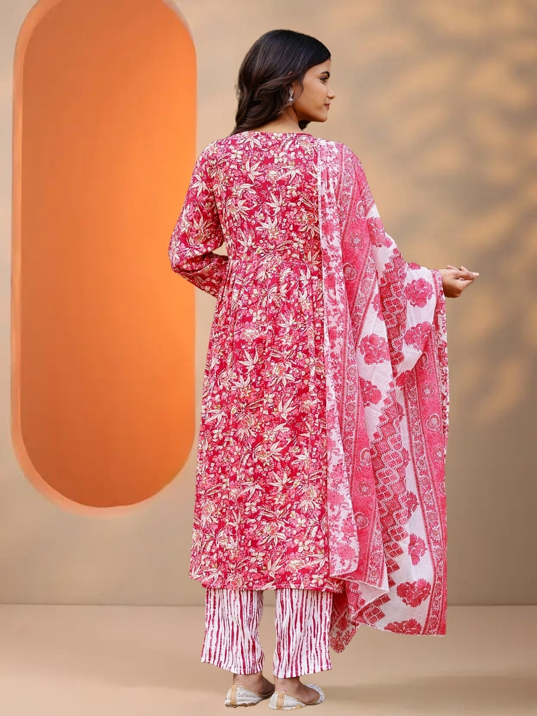 Pink Floral Printed Straight Kurta Set With Dupatta.