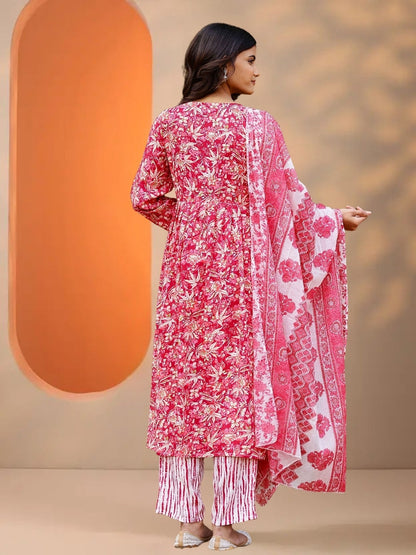 Pink Floral Printed Straight Kurta Set With Dupatta.