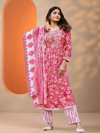 Pink Floral Printed Straight Kurta Set With Dupatta.