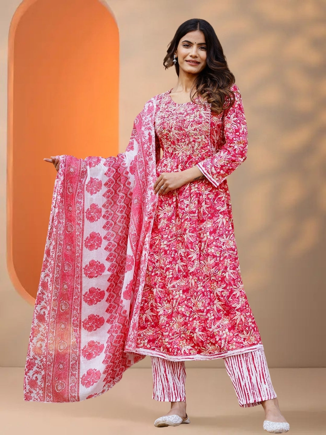 Pink Floral Printed Straight Kurta Set With Dupatta.
