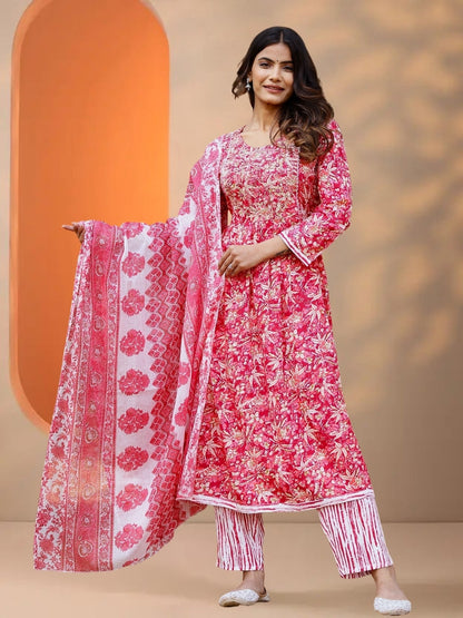 Pink Floral Printed Straight Kurta Set With Dupatta.