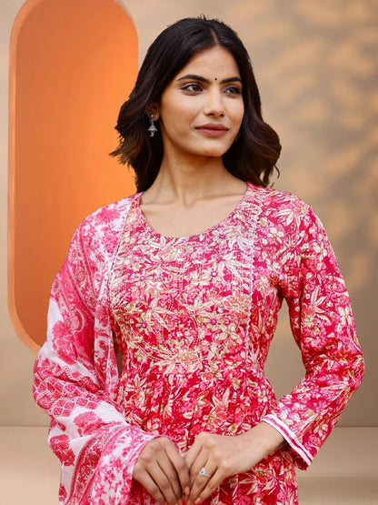 Pink Floral Printed Straight Kurta Set With Dupatta.