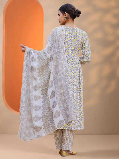 Grey & Mustard Abstract Printed Kurta Set With Dupatta