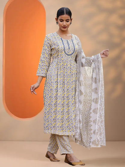 Grey & Mustard Abstract Printed Kurta Set With Dupatta