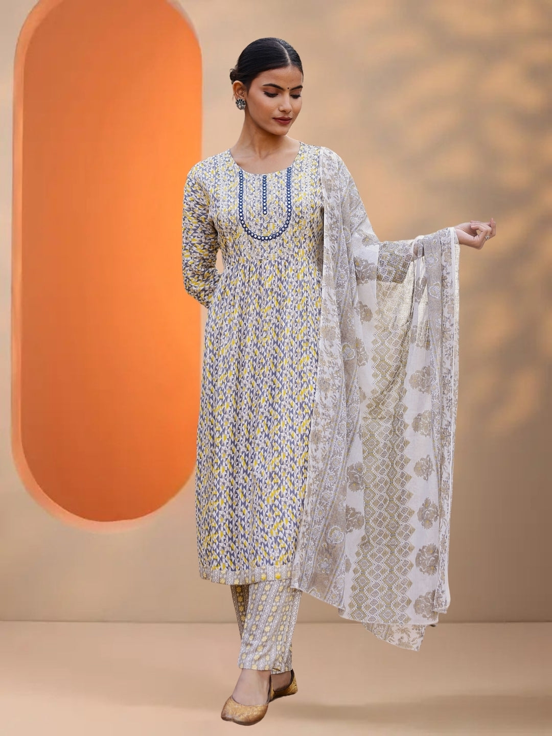 Grey & Mustard Abstract Printed Kurta Set With Dupatta