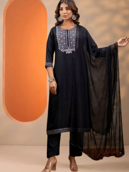 Elegant Black Embroidered Kurta Set with Dupatta.