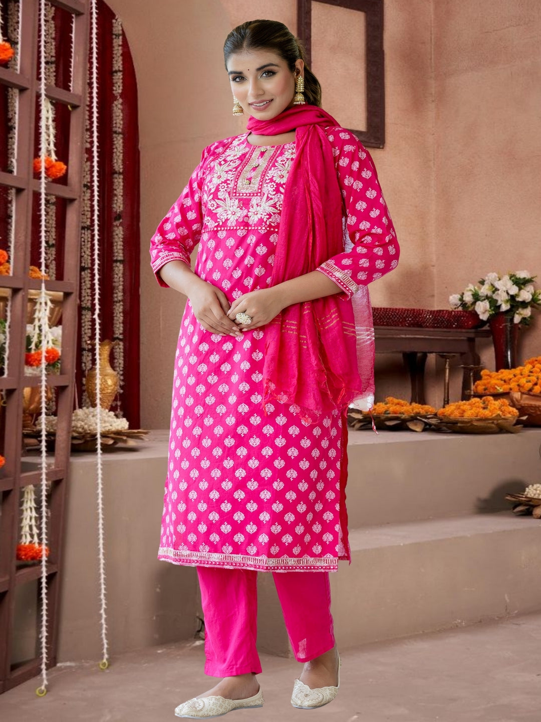 Traditional Pink Printed Cotton Kurta Set With Dupatta