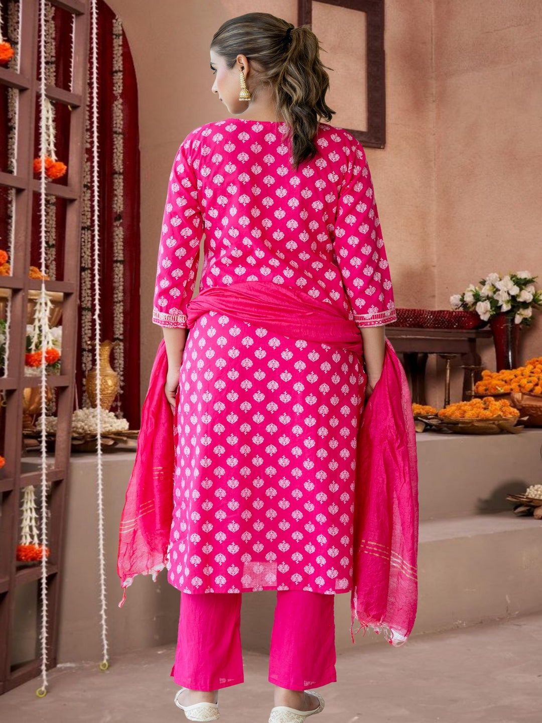 Traditional Pink Printed Cotton Kurta Set With Dupatta
