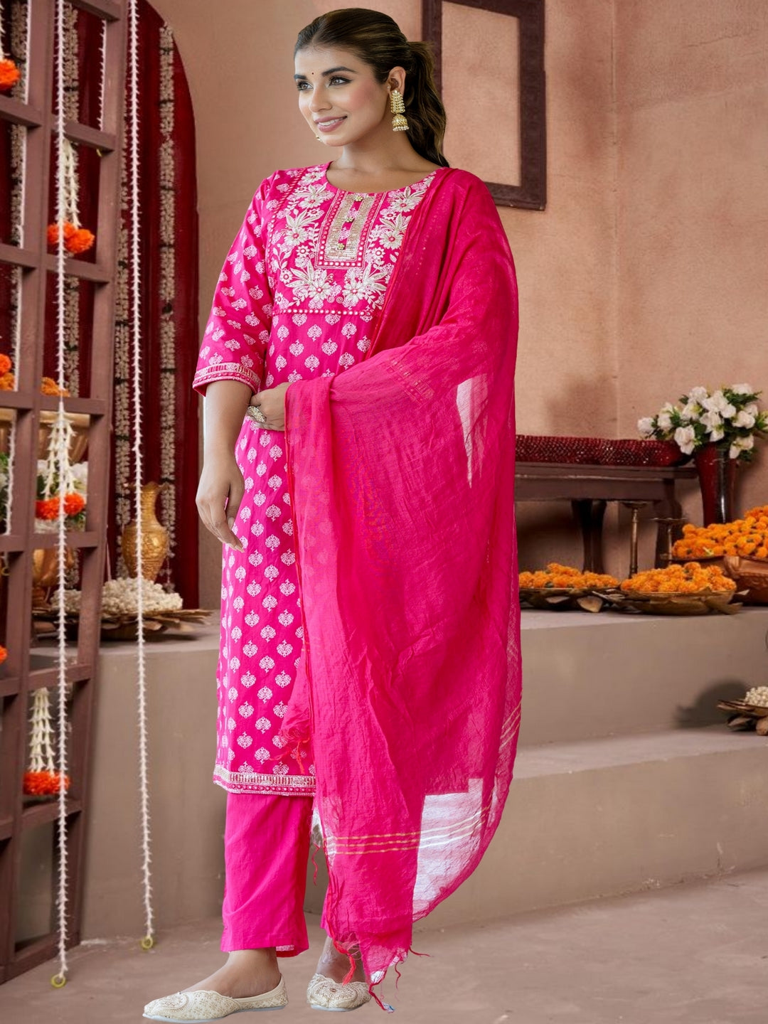 Traditional Pink Printed Cotton Kurta Set With Dupatta