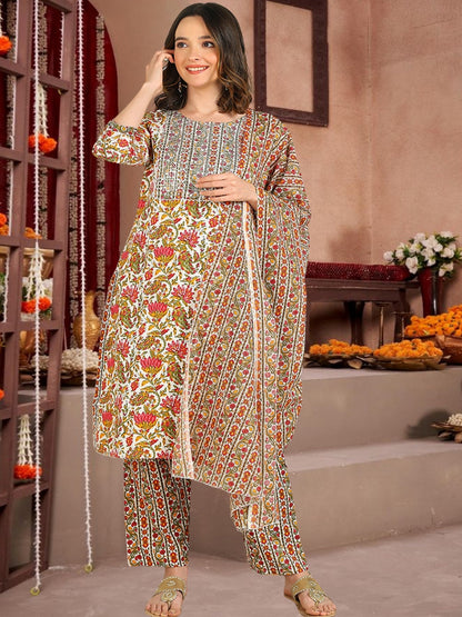 Floral Print Cotton Kurta Set With Dupatta White & Multicolor